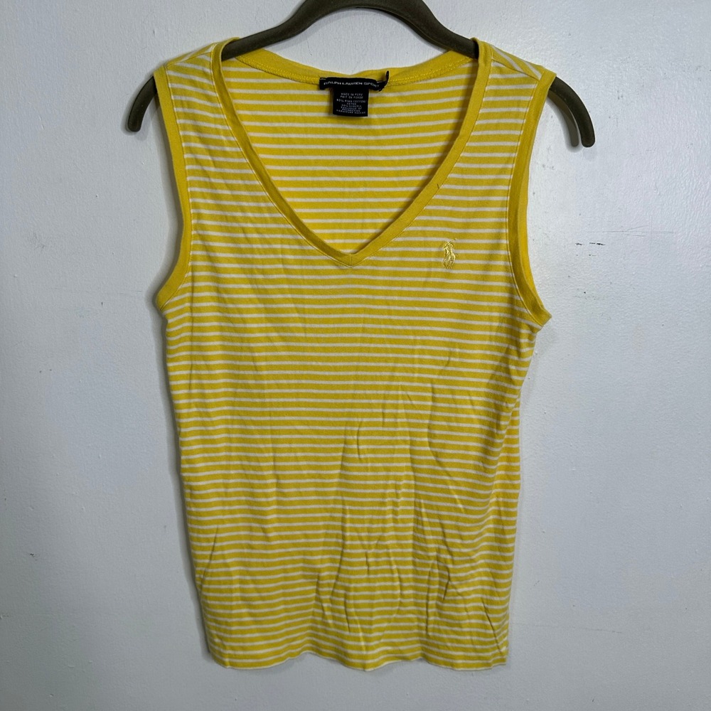 Ralph Lauren Sport Yellow White Striped V-Neck Tank Top Womens Large Pima Cotton